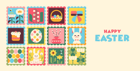 Vector greeting card concept. Happy Easter. Cute geometric style. Chicken, eggs, flowers, spring, decor, rabbits, bunnies, ribbons. Web template banner.のイラスト素材