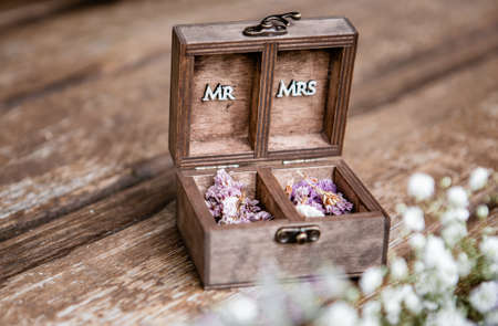The wooden wedding case with Mr. and Mrs. word written in the case on old wooden table.