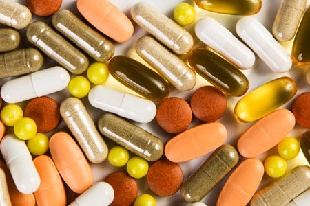 Heap of medicine pills. Background made from colorful pills, tablets and capsules.
