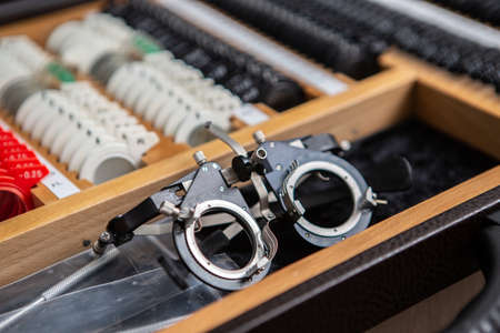 A set of test eyeglass lenses. Means for diagnostics and correction of vision. The ophthalmologist...