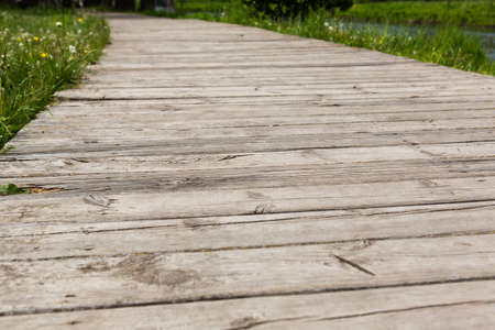 Wooden boardwalk creates path through field of green grass in park.の写真素材