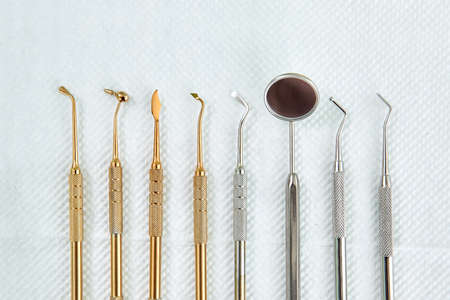 Dental Mirror, Hoe, Sickle, Scaler, Probe and ather tools from Stainless Steel. Professional dental set.の写真素材