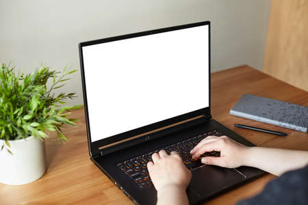 View of woman hands working on laptop with blank white screen standing on the wooden office desk. Clipping path.の写真素材