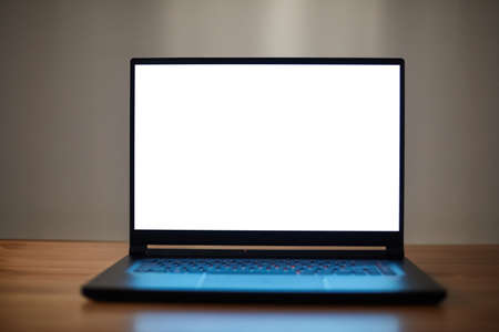 Laptop or notebook with blank screen on wood table. Keyboard monitor light.の写真素材