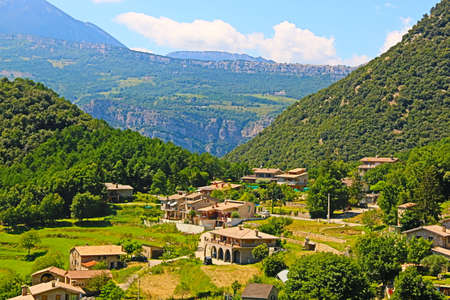mountain landscape background with old town housesの写真素材