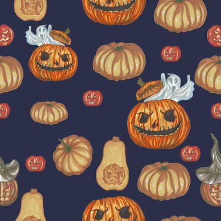 helloween pattern with pumpkins on a blue backgroundの写真素材