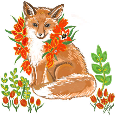 orange fox sits in a red flowers tulipsの写真素材