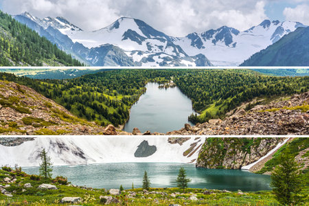 Nature of the Altai Mountains. Landscape photo collage with beautiful views of mountains and lakes. Travel destinations.の写真素材