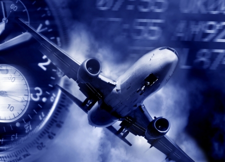 transport concept. Jet aircraft, airport arrival times and a watch