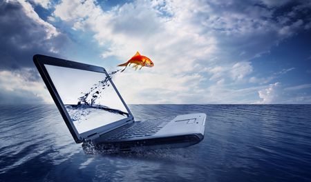Goldfish jump out of the monitor at oceanの写真素材