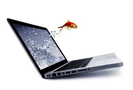 Goldfish jump out of the monitorの写真素材