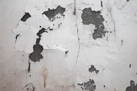 A close-up of a weathered wall with white paint flaking and peeling away, revealing the rough concrete underneath, perfect for grunge or decay themes.の写真素材