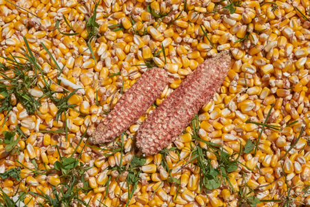 A vibrant, high-angle view of scattered yellow dried corn kernels and two reddish-brown cobs resting on green grass, suggesting a harvest theme or natural background.の写真素材
