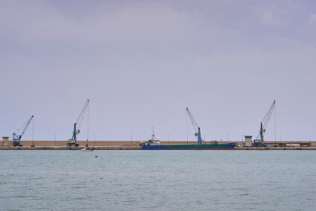 Commercial harbor view with cargo ship, four cranes, and calm sea under a gray overcast sky.