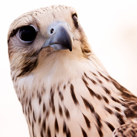 Detailed view of a majestic falcon with focused gaze and distinctive feather patterns in natural lightの写真素材