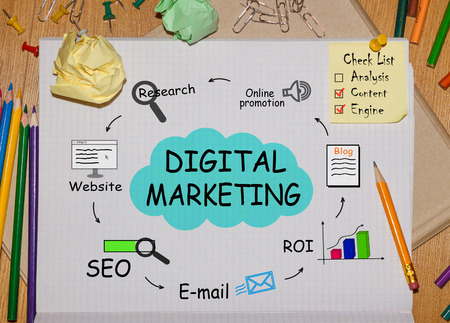 Notebook with Tools and Notes about Digital Marketing,conceptの写真素材