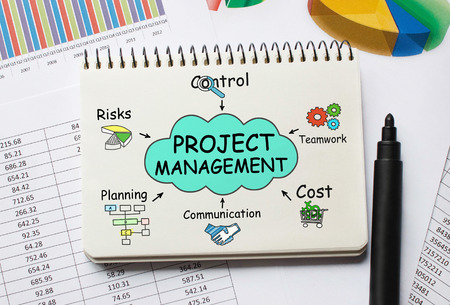Notebook with Toolls and Notes about Project Managementの写真素材