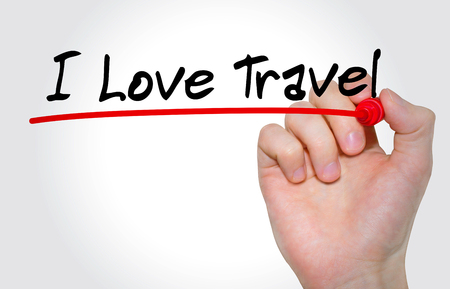 Hand writing inscription I Love Travel with marker, conceptの写真素材