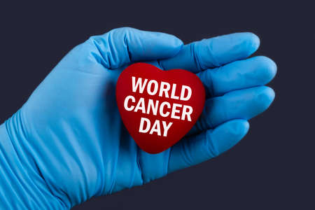 Doctor in blue gloves holds a heart with text world cancer day, concept.の写真素材