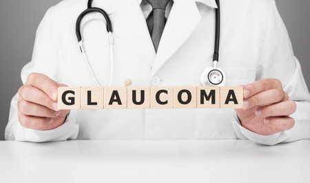 Doctor holds wooden cubes in his hands with text GLAUCOMAの写真素材