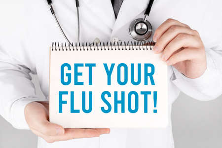 Doctor holding a card with text Get your flu shot, medical concept