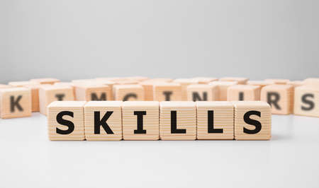 Word SKILLS made with wood building blocksの写真素材