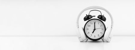 Black alarm clock with headphones on white wall backgroundの写真素材