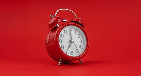 Red alarm clock on a red background.の写真素材