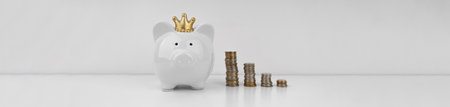 White piggi bank and stacks of coins on white backgroundの写真素材