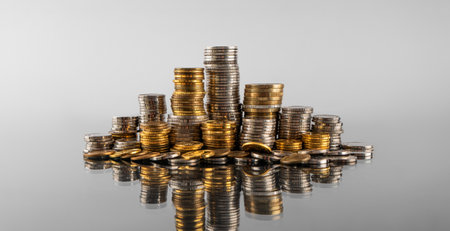 Stacks of coins in reflection on a gray backgroundの写真素材