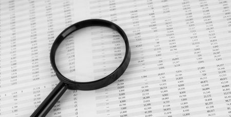 Magnifying glass on financial statement.の写真素材