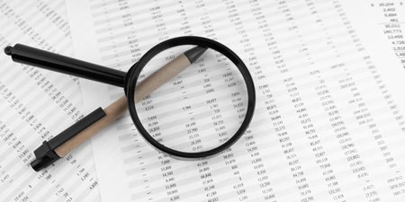 Magnifying glass and pen on financial statement.の写真素材