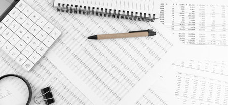 Calculator, magnifying glass, pen, eye glasses lying on financial statement. financial concept. top view.の写真素材