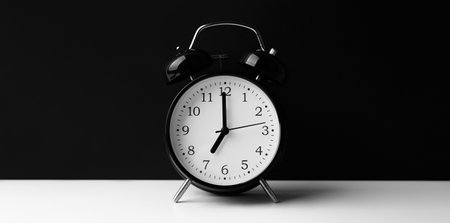 Black alarm clock on white table on black background.の写真素材