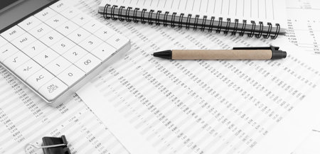 Calculator with notebook and pen on financial documents. financial concept.の写真素材