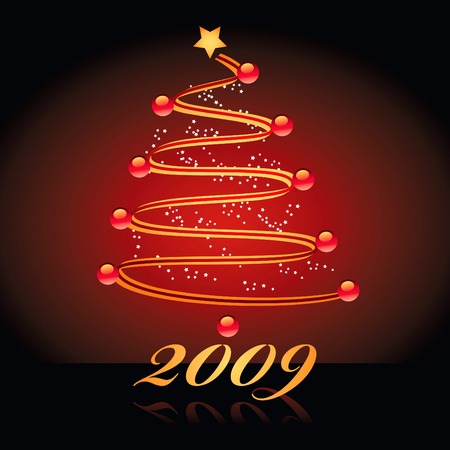 2009 Christmas tree background with stars, baubles and ribbonのイラスト素材