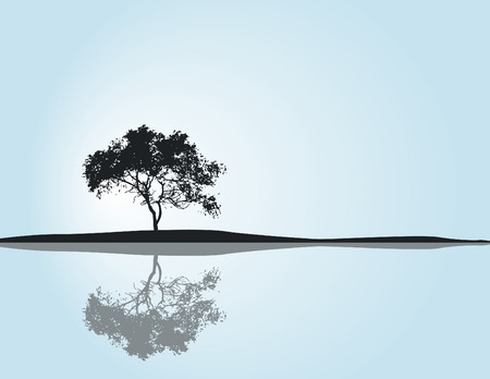 A solitary tree reflecting in waterのイラスト素材