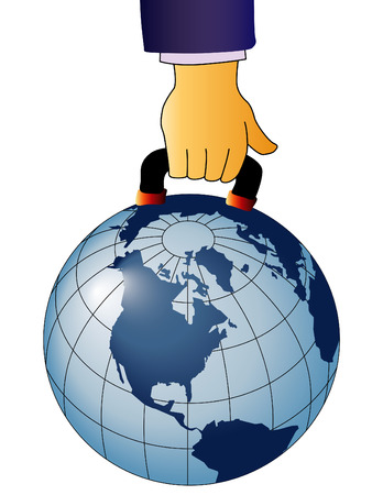 A businessman's hand is shown holding the world by a handleのイラスト素材