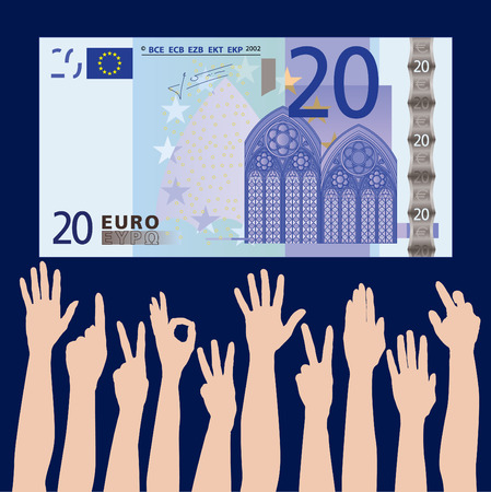Many hands grab at a 20 euros bank noteのイラスト素材