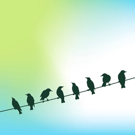 A row of birds on a wire against a sky background in vector formatのイラスト素材