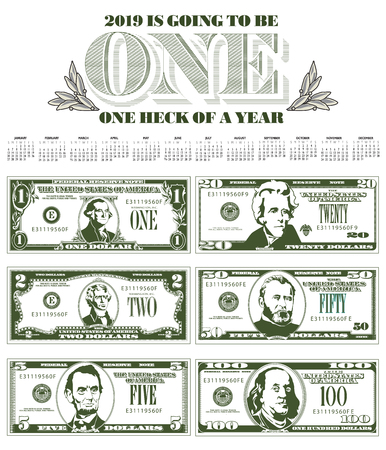 2019 calendar with six detailed, stylized billsのイラスト素材