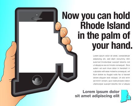 A hand holds a smart phone that is shaped like Rhode Island.のイラスト素材