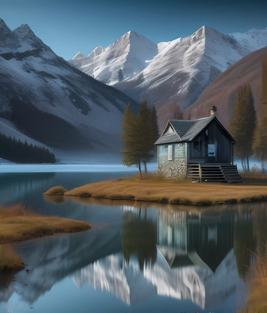 Wooden house on the lake in the mountains with reflection in the waterの素材