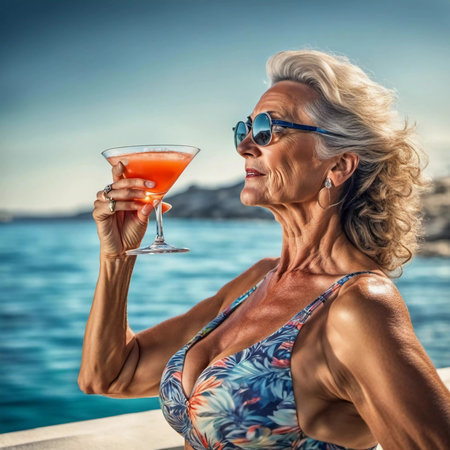 Portrait of happy senior woman with cocktail on the beach at sunsetの素材