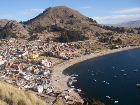 The sleepy town of Copacabana in Bolivia, a sedate cousin of the famous beach in Rio de Janeiro, Brazilの写真素材