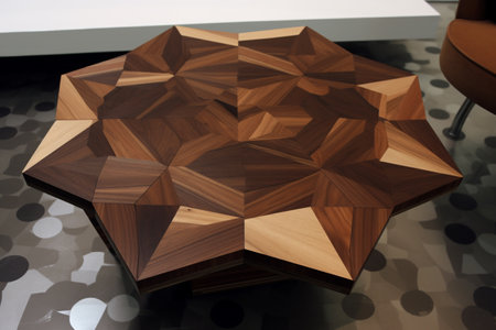 Wooden round table with geometric pattern in the interior of the roomの素材