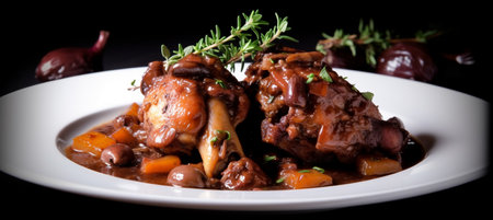 chicken legs with stewed vegetables on a white plate on a black backgroundの素材