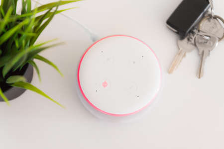 Voice controlled speaker mute voice with car key white background.の写真素材