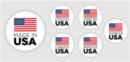 set of badge logotype Made in USA, turn into united States of america, on white round background, symbol logo for packaging designのイラスト素材