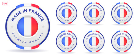 set badge logotype of Made in France badge with ribbon and flag on white background, modern color symbol logo for packaging designのイラスト素材